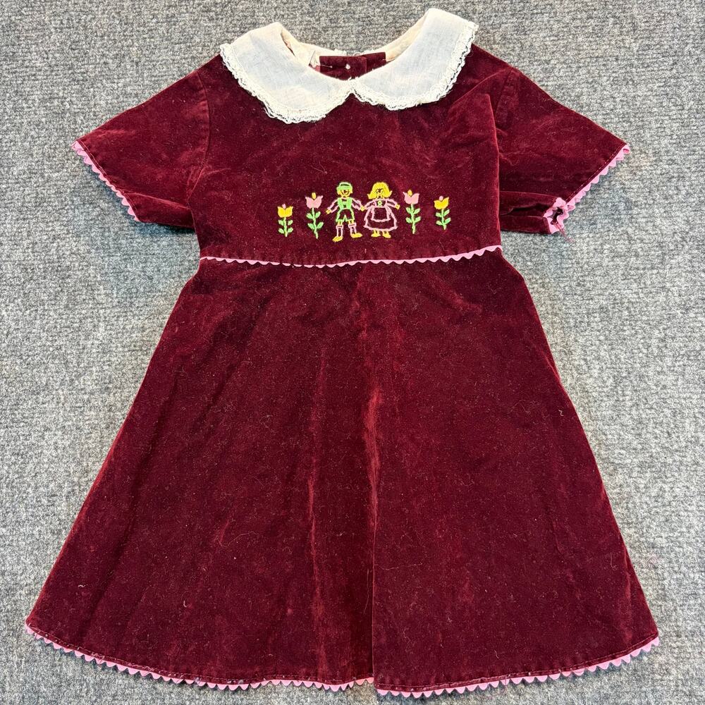 Lil Airess Vintage Maroon Velvet Embroidered Dress Dutch Collar 4T Kids Toddler